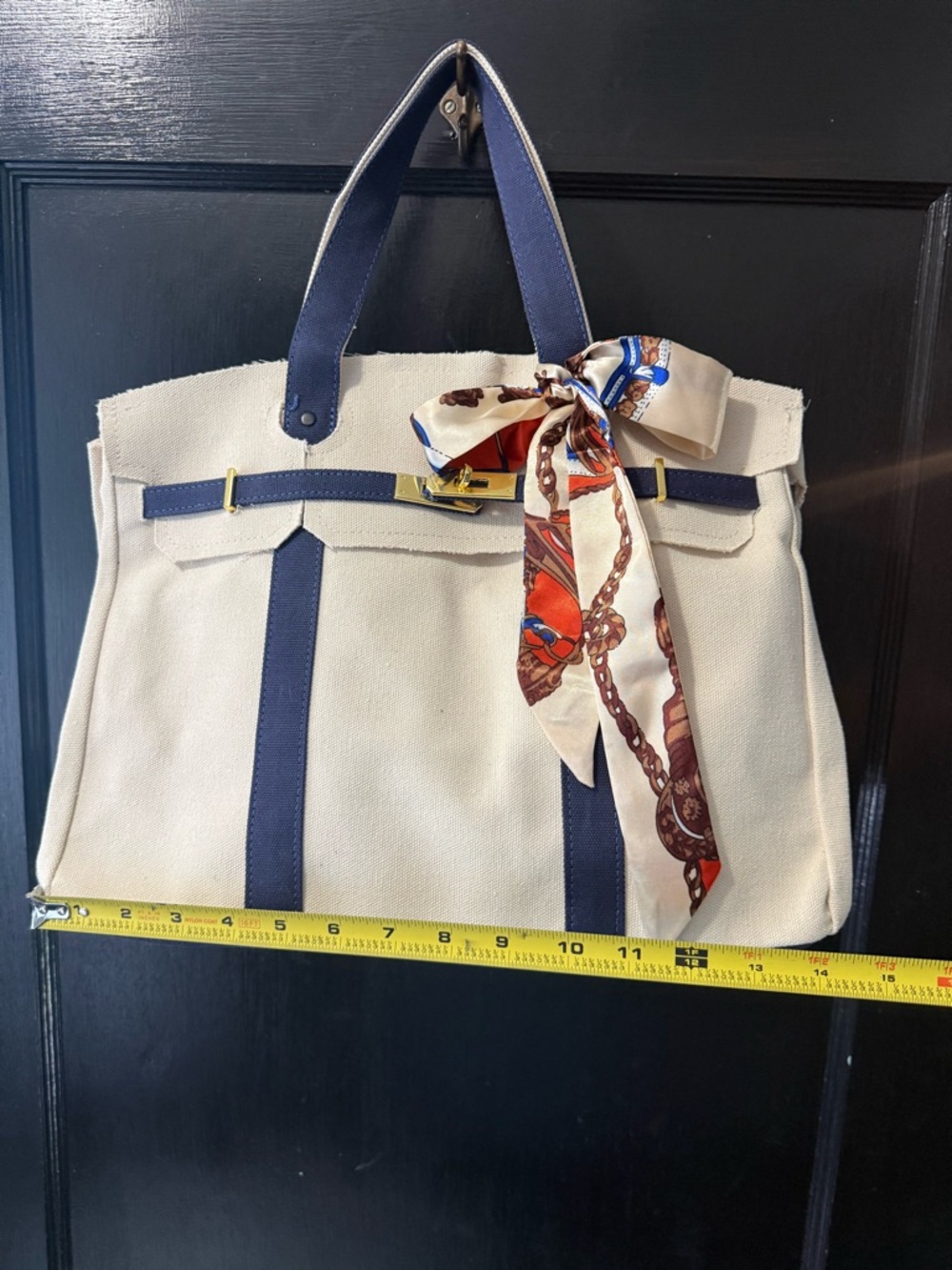 Boatkin-style Canvas Top-Handle Tote Bag in Cream with Navy Trim - Picture 5 of 7